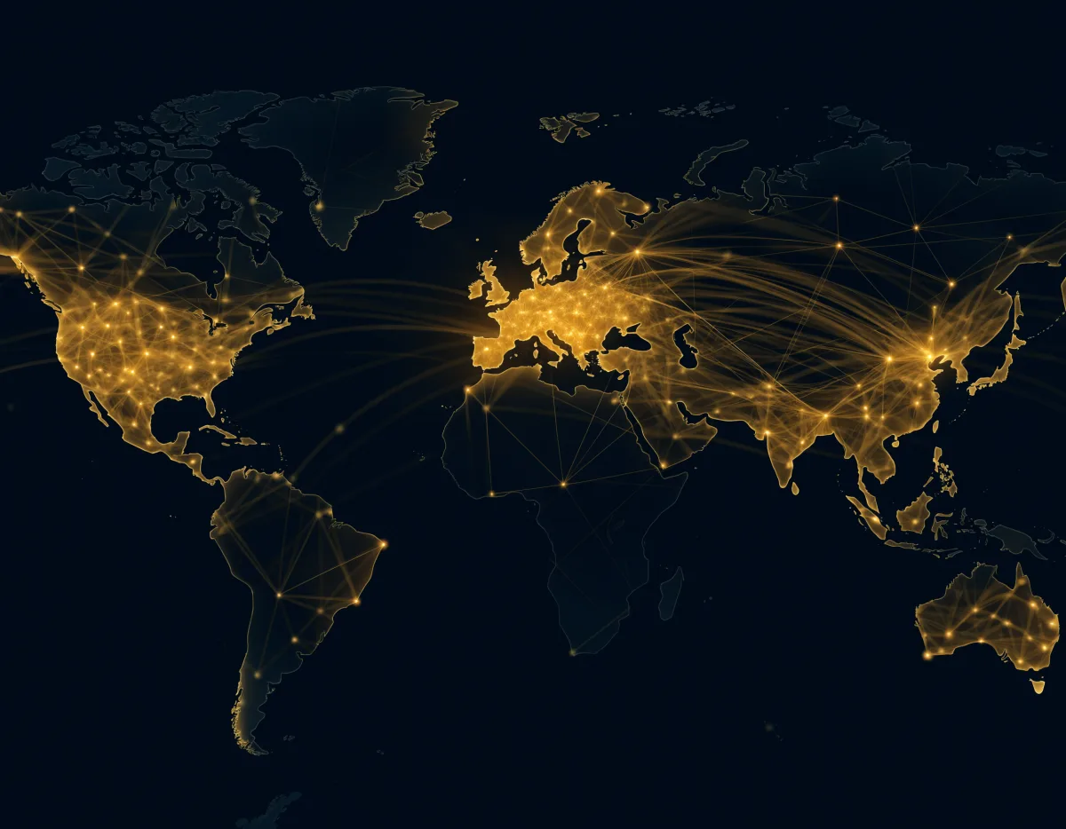 世界地図上に光る接続点で表現されたグローバルネットワークのイメージ
